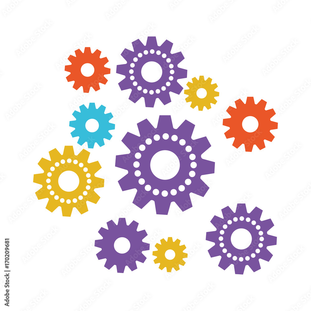 set gear machinery colorful silhouette on white background