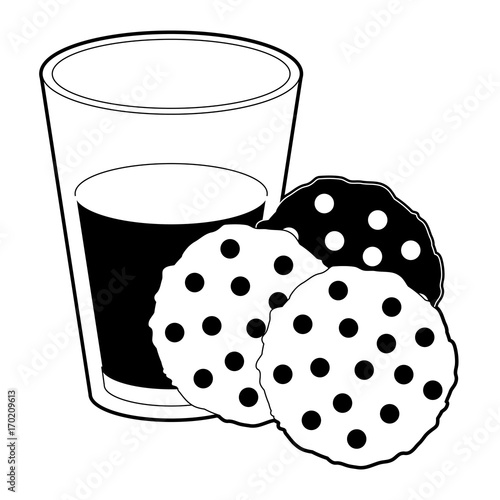 chocolate chip cookies with glass of milk black color section silhouette on white background