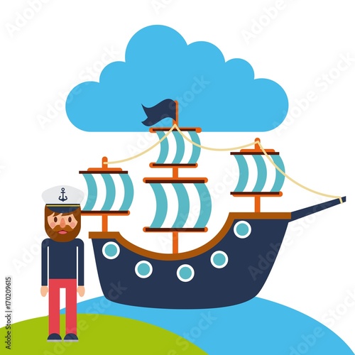 cartoon captain sailor in uniform with the ship vector illustration