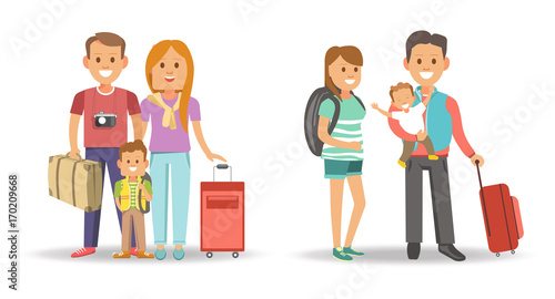 Family with bags and suitcases ready for journey