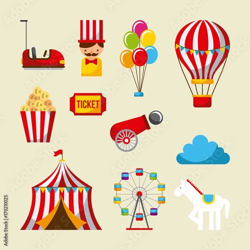 set carnival fun fair park amusement attraction vector illustration