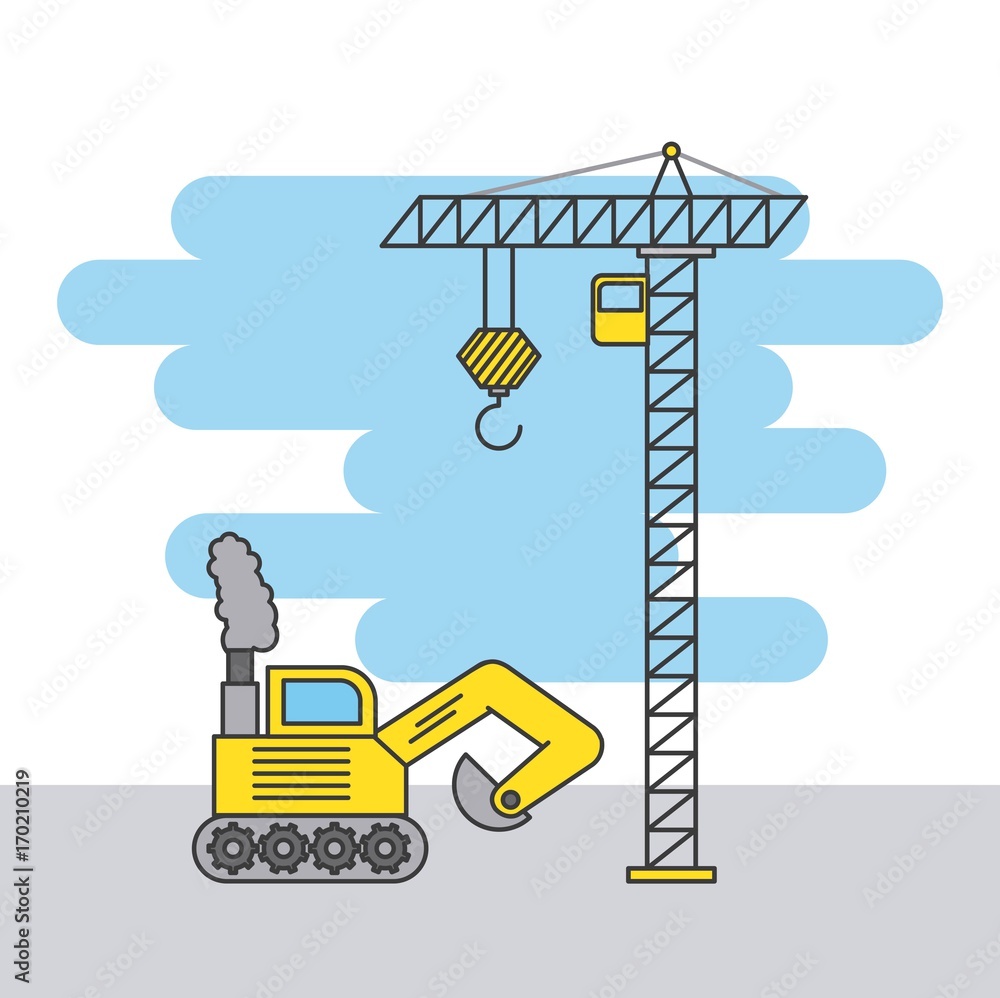 tower crane and bulldozer truck construction machinery vector illustration