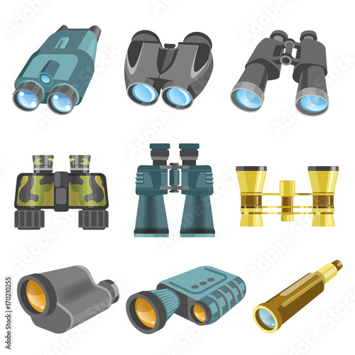 Old and modern binoculars isolated cartoon illustrations set