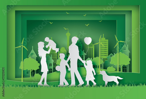 illustration of eco and world environment day with happy family.paper art style.