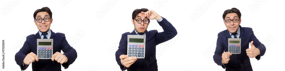 Funny man with calculator isolated on white Funny man with calculator isolated on white