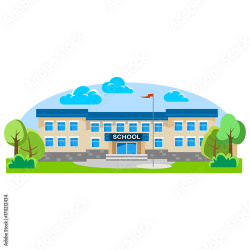 modern school buildings exterior, student city concept, elementary school facade urban street background, icon vector illustration