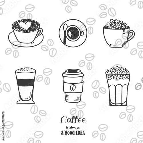 Coffee drawing icon set. Vector illustration.
