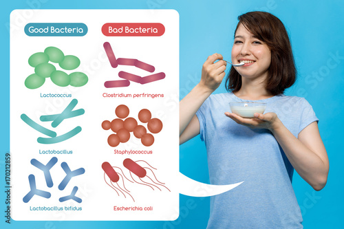 Young woman who eats yogurt, Good Bacteria and Bad Bacteria, enteric bacteria, Intestinal flora, Gut flora, probiotics. photo