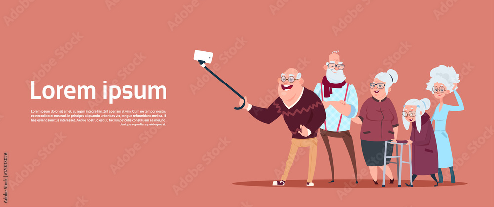 Group Of Senior People Taking Selfie Photo With Self Stick Modern Grandfather And Grandmother Flat Vector Illustration - obrazy, fototapety, plakaty 