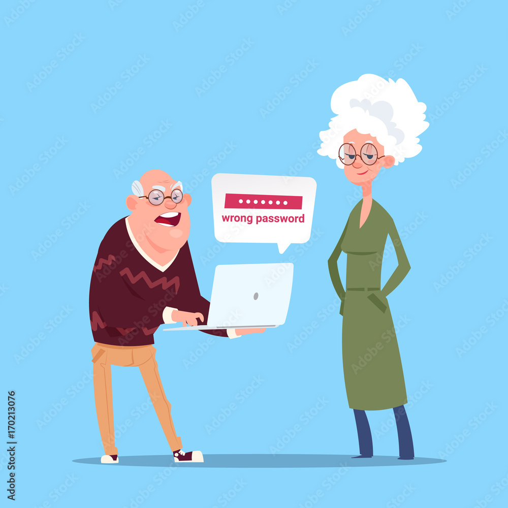 Couple Senior People Using Laptop Computer Modern Grandfather And Grandmother Full Length Flat Vector Illustration Couple Senior People Using Laptop Computer Modern Grandfather And Grandmother Full Length Flat Vector Illustration