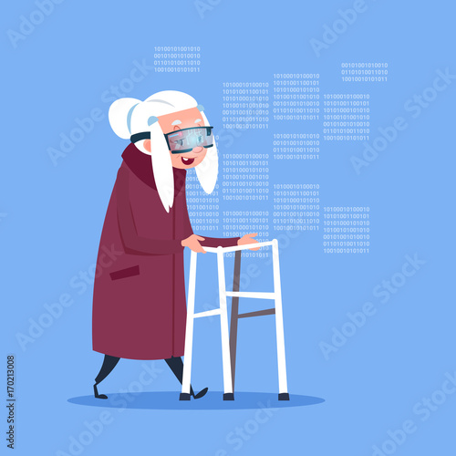 Senior Woman Wearing 3d Virtual Glasses Modern Grandmother Full Length Flat Vector Illustration