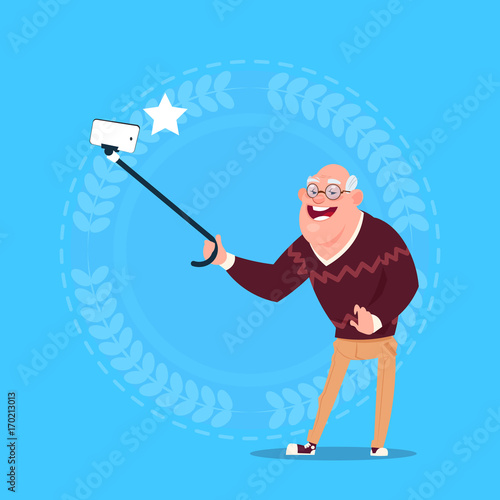 Senior Man Taking Selfie Photo With Self Stick Grandfather Full Length Flat Vector Illustration