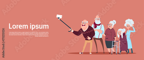 Group Of Senior People Taking Selfie Photo With Self Stick Modern Grandfather And Grandmother Flat Vector Illustration photo