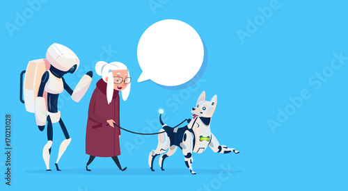 Senior Woman Walking With Robots Dog Chat Bubble Modern Grandmother Lady Flat Vector Illustration