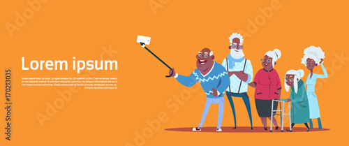 Group Of Senior People Taking Selfie Photo With Self Stick Modern African American Grandfather And Grandmother Flat Vector Illustration