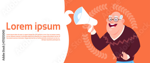 Senior Man Holding Megaphone With Copy Space Modern Grandfather Flat Vector Illustration