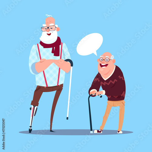 Senior Man Communicating Chat Bubble With Stick Modern Grandfather Full Length Flat Vector Illustration