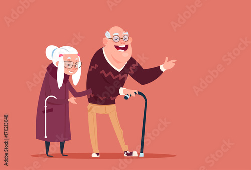 Couple Senior People Walking With Stick Modern Grandfather And Grandmother Full Length Flat Vector Illustration