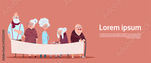 Group Of Senior People Holding Empty Banner With Copy Space Modern Grandfather And Grandmother Full Length Flat Vector Illustration