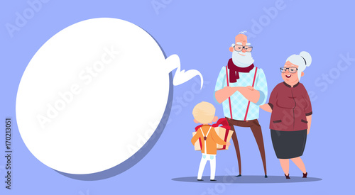 Happy Grandparents Couple With Grandson Giving Present Box Modern Grandfather And Grandmother And Small Boy Flat Vector Illustration