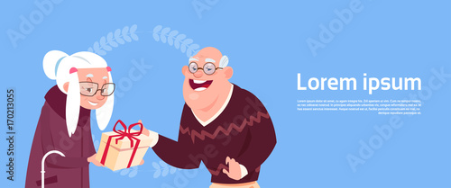 Couple Senior People Giving Presents Modern Grandfather And Grandmother Holiday Flat Vector Illustration