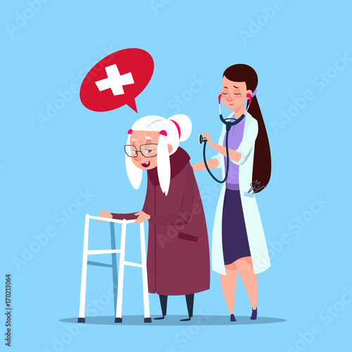 Doctor Taking Care Of Senior Woman, Grandmother With Nurse Flat Vector Illustration