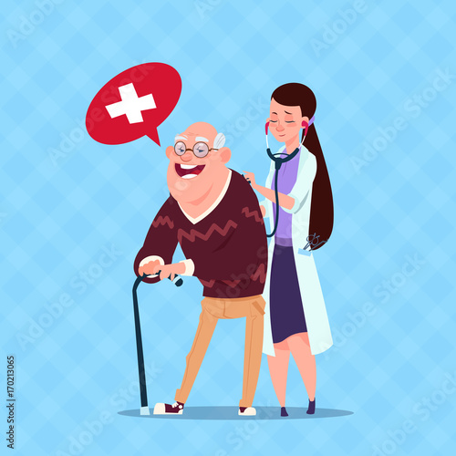 Doctor Taking Care Of Senior Man, Grandfather With Nurse Flat Vector Illustration