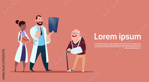 Senior Man On Consultation With Doctors Group, Pensioner In Hospital Health Care Concept Flat Vector Illustration