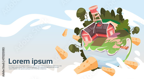 Abstract Farm With House, Farmland Countryside Landscape Banner Flat Vector Illustration