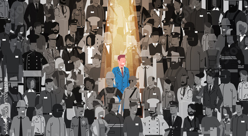 Businessman Leader Stand Out From Crowd Individual, Spotlight Hire Human Resource Recruitment Candidate People Group Business Team Concept Vector Illustration
