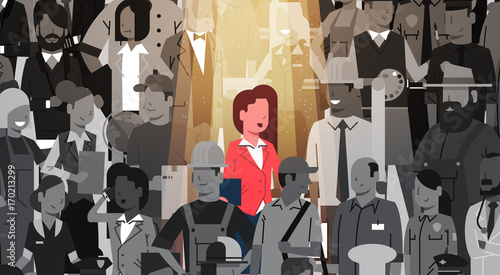 Businesswoman Leader Stand Out From Crowd Individual, Spotlight Hire Human Resource Recruitment Candidate People Group Business Team Concept Vector Illustration