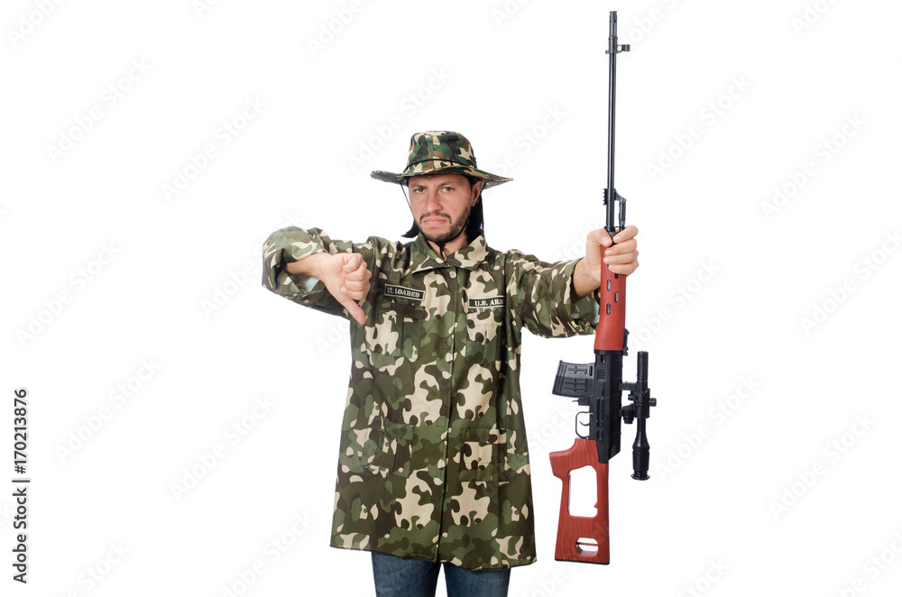 Fototapeta premium Soldier with weapons isolated on white