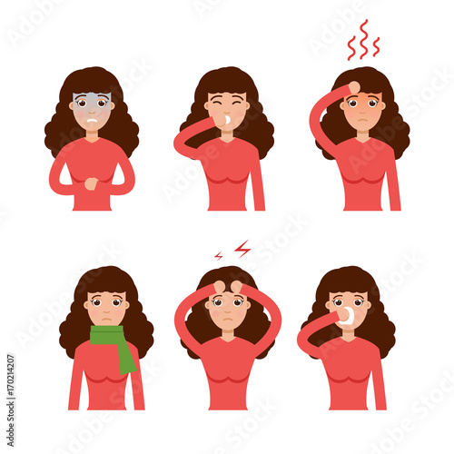 Cold, grippe, flu or seasonal influenza common symptoms icon. Vector illustration.