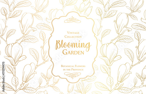 White invitation card design with text blooming garden. Light invitation with handmade floral elements in golden style. Botanical Wedding Collection. Vector illustration.