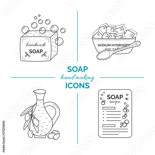 Set of vector thin line icons of handmade soap production