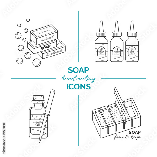 Set of vector thin line icons of handmade soap production