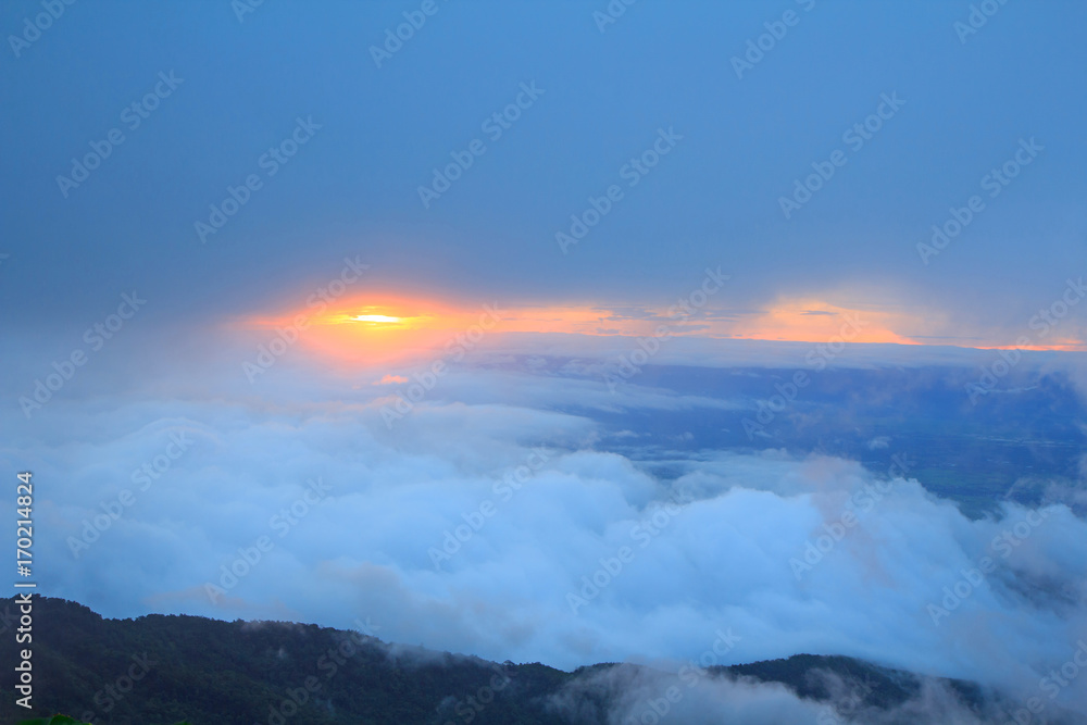 sea of mist on high mountain with sunlight