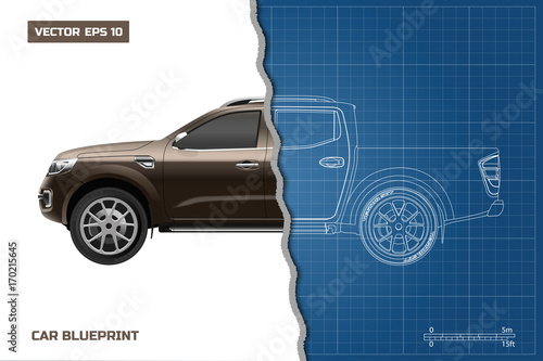 Drawing of the car on a blue background. Side view of pickup. Industrial blueprint of SUV. Vector illustration