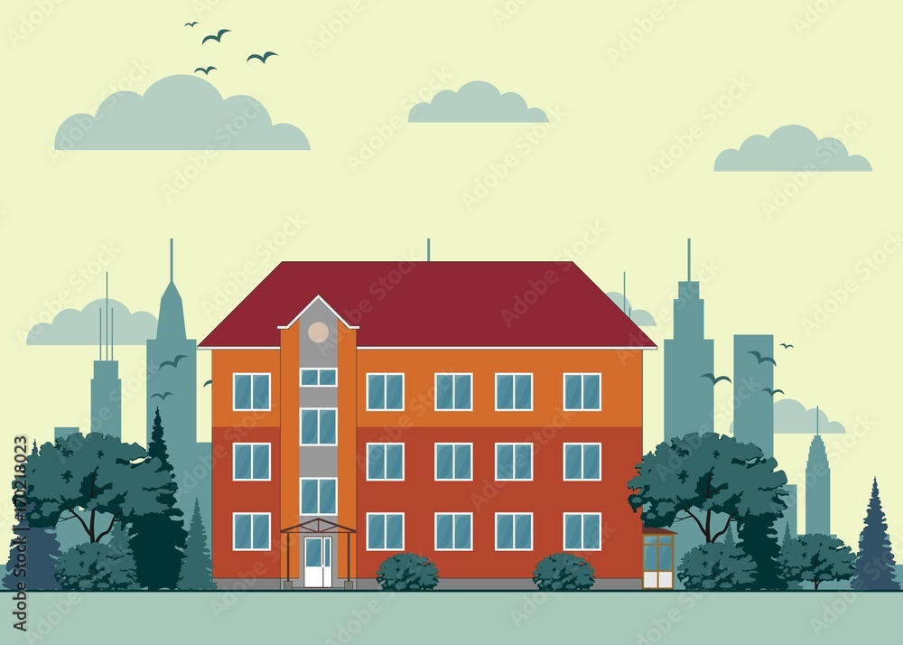 Illustration of a city landscape with townhouse and trees. Flat art style. Housing, real estate market, architecture design, property investment concept banner.