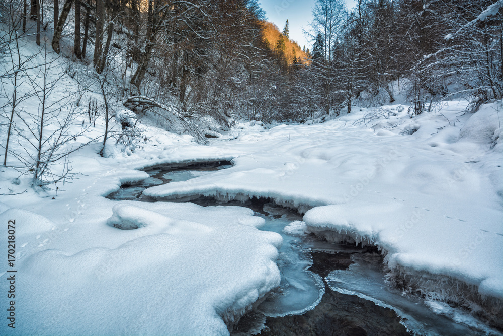Mountain Carpathian river covered with snow
