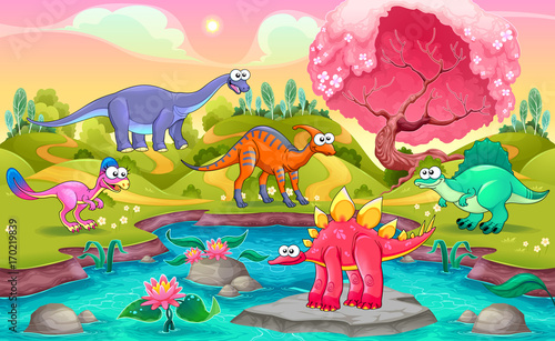 Group of funny dinosaurs in a natural landscape