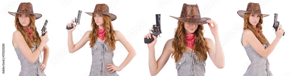 Woman gangster with gun isolated on white Woman gangster with gun isolated on white
