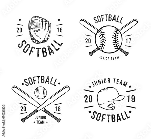 Hand Drawn Emblem of softball. Graphic design for t-shirt and stickers. Vector illustration on white background