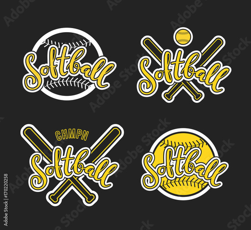 Emblem of softball. Graphic design for t-shirt and stickers. Vector illustration on black background