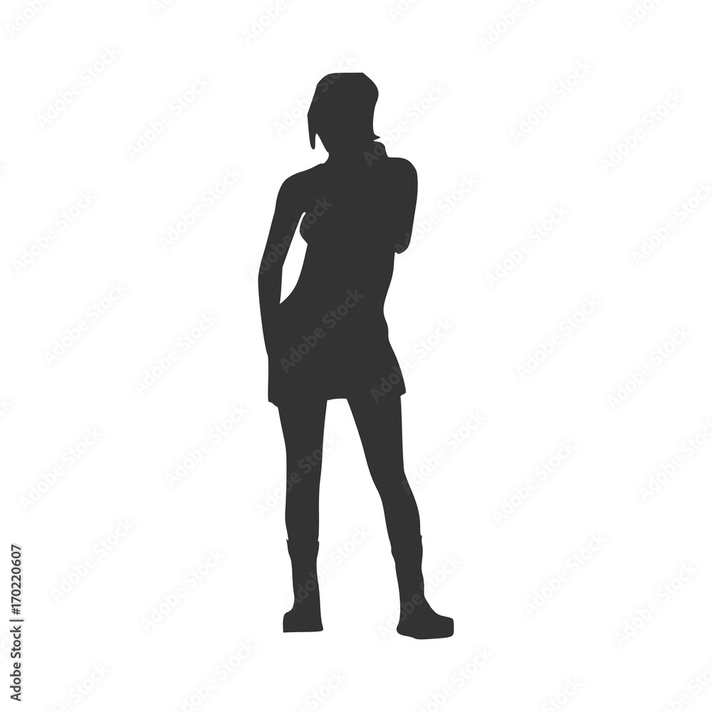 Woman in Short Dress or Skirt. Black Silhouette Standing Full Length Over White Background. Vector Illustration. Front View