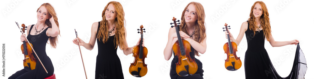 Woman with violin isolated on white
