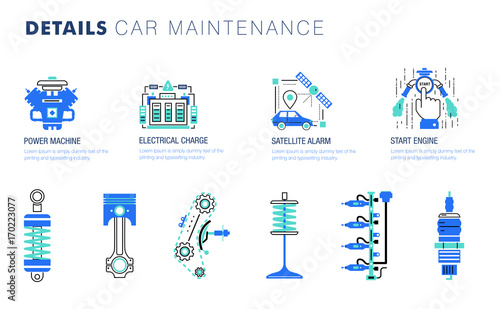 Auto service. Line composition. Machine technology operations. Diagnostics machine centre. Car maintenance. Awesome details really style. Automobile engine pictogram and icons for web.