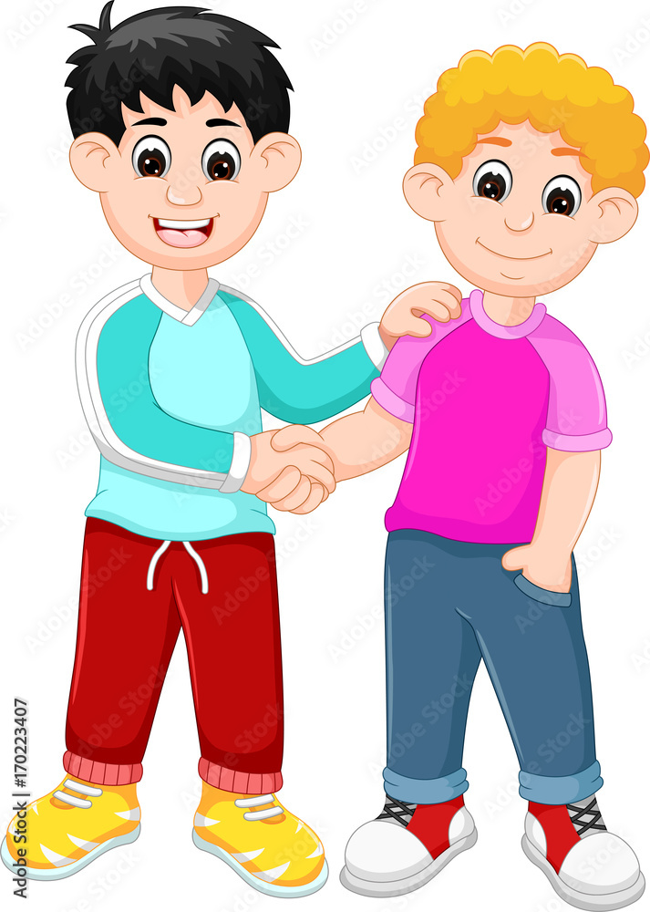 Two kids shaking hands cartoon