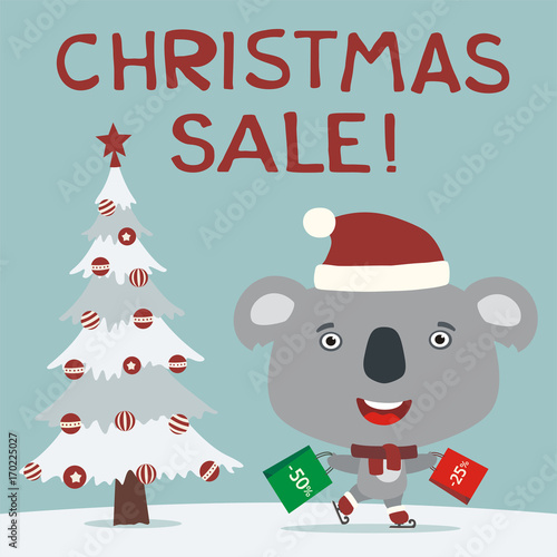 Christmas sale! Funny koala skating with packages shopping discounts. Christmas sale banner with koala in hat in cartoon style.