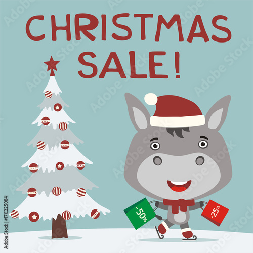 Christmas sale  Funny donkey skating with packages shopping discounts. Christmas sale banner with donkey in hat in cartoon style.